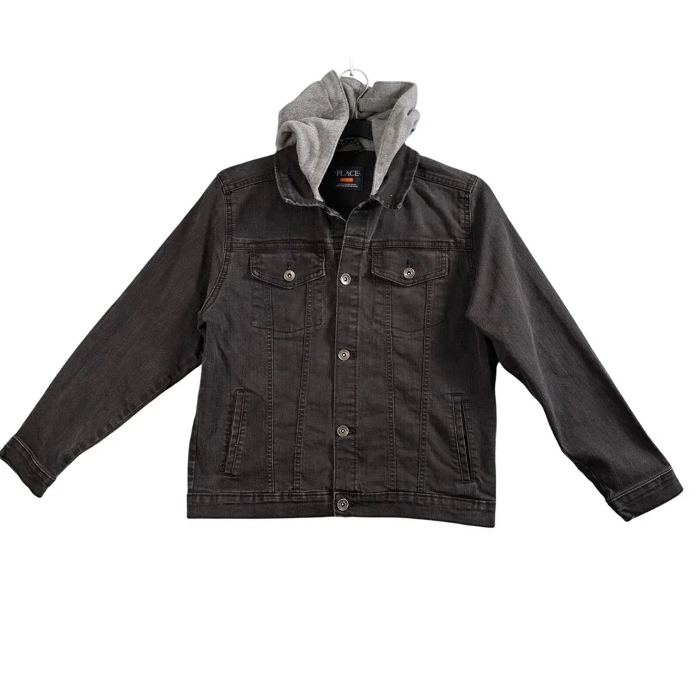 The Childrens‎ Place Denim Hooded Jacket Boys XL 14 Black Grey Trucker